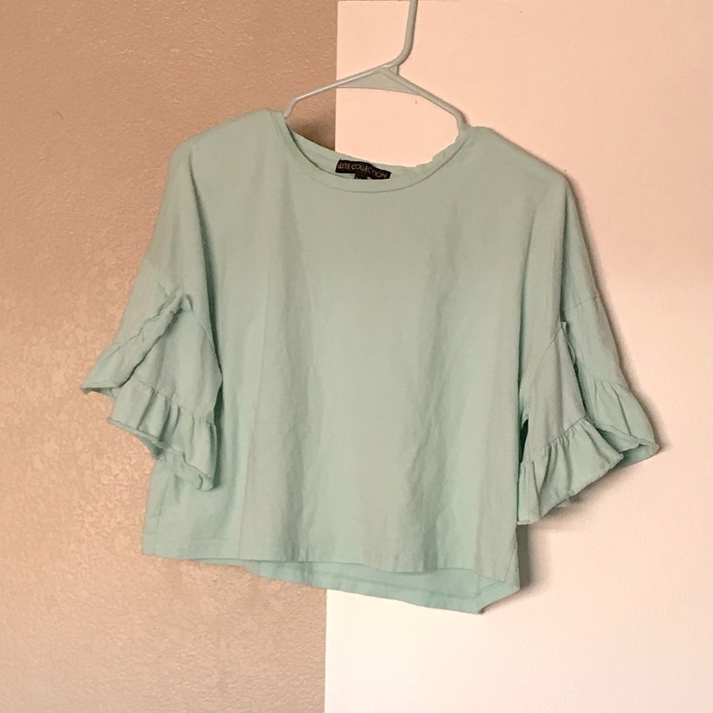 LAST CALL Mint Blue Crop Shirt w/ Flutter Sleeve